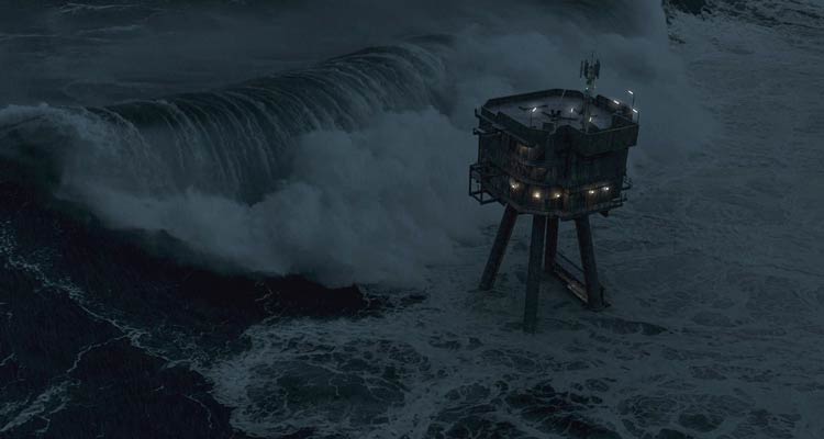 Last Sentinel 2023 Movie Scene The military outpost in the middle of the ocean Sentinel with a huge wave approaching it