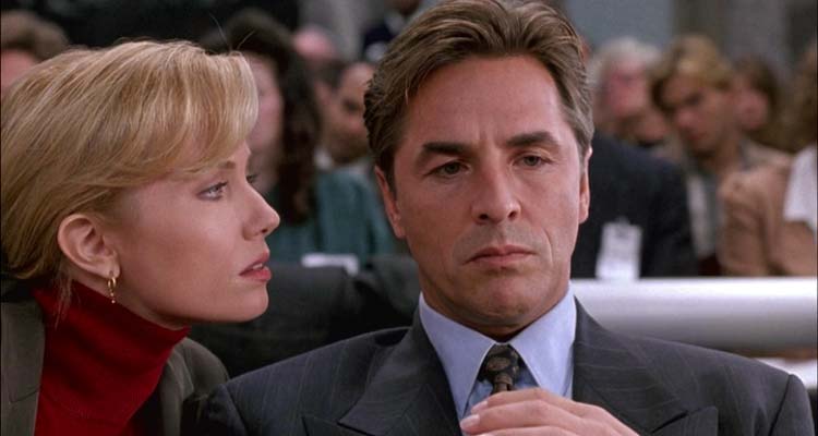 Guilty as Sin 1993 Movie Scene Don Johnson as David Greenhill thinking about his trail with Rebecca De Mornay as Jennifer Haines looking at him
