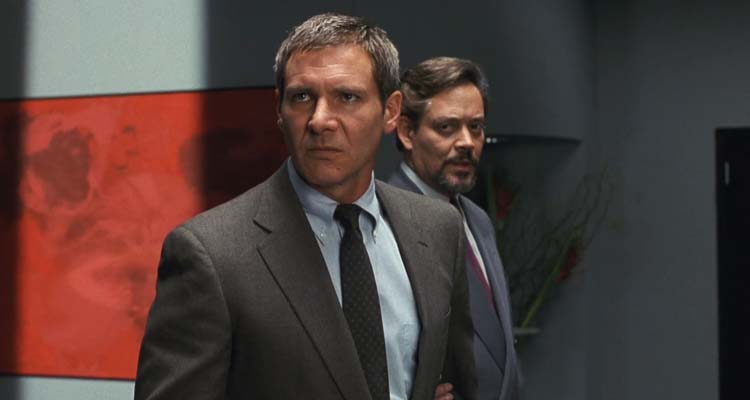 Presumed Innocent 1990 Movie Scene Harrison Ford as Rusty Sabich angry with Raul Julia as Sandy Stern calming him down