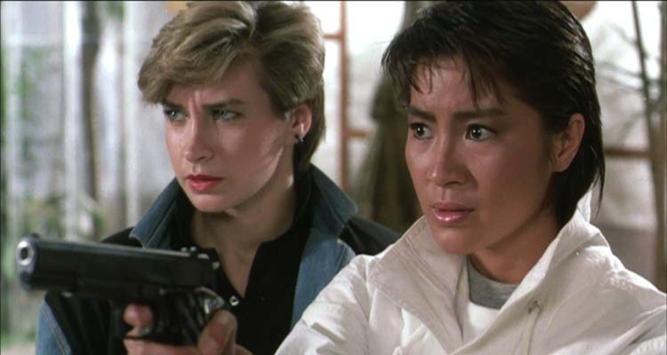 Yes Madam 1985 Movie Scene Michelle Yeoh as Inspector Ng and Cynthia Rothrock as Inspector Carrie Morris