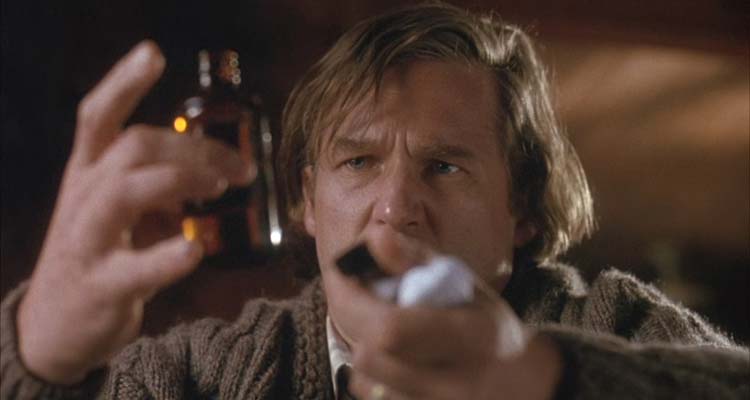The Vanishing 1993 Movie Scene Jeff Bridges as Barney Cousins holding a bottle of chloroform and a handkerchief