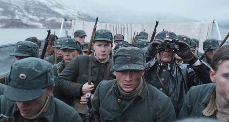 Narvik 2022 Movie Scene Carl Martin Eggesbø as Gunnar Tofte among soldiers about to attack the town to retake from the Nazis