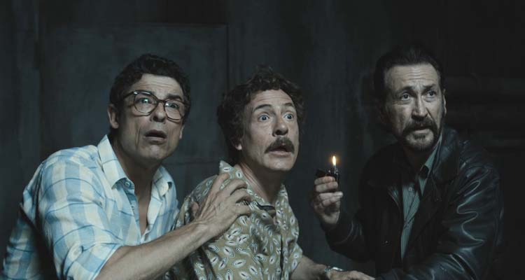 All You Need Is Crime AKA Non Ci Resta Che Il Crimine 2019 Movie Scene Alessandro Gassmann as Sebastiano, Marco Giallini as Moreno and Gianmarco Tognazzi as Giuseppe discovering a time portal