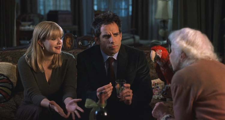 Duplex 2003 Movie Scene Ben Stiller as Alex and Drew Barrymore as Nancy talking to their neighbor Eileen Essell as Mrs. Connelly and her parrot