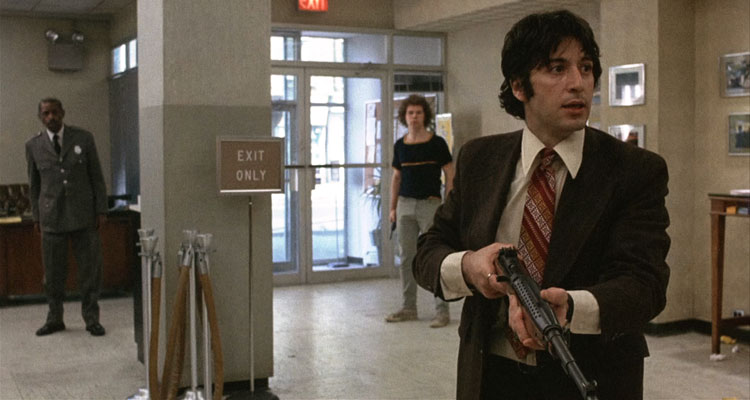 Dog Day Afternoon 1975 Movie Scene Al Pacino as Sonny holding a M1 Garand rifle and robbing a bank