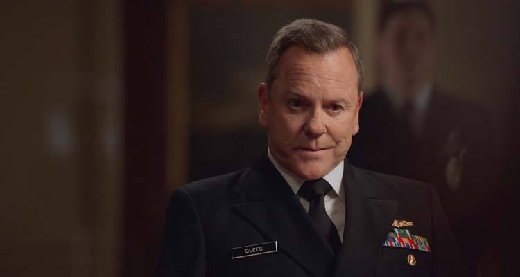The Caine Mutiny Court-Martial 2023 Movie Scene Kiefer Sutherland as Lt. Commander Queeg, Acting Captain of the U.S.S. Caine on the stand giving his testimony