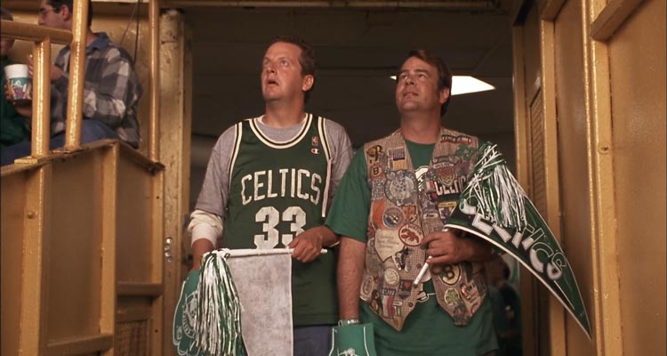 Celtic Pride 1996 Movie Scene Daniel Stern as Mike O'Hara and Dan Aykroyd as Jimmy Flaherty entering Boston Garden wearing Boston Celtics jerseys to watch the finals