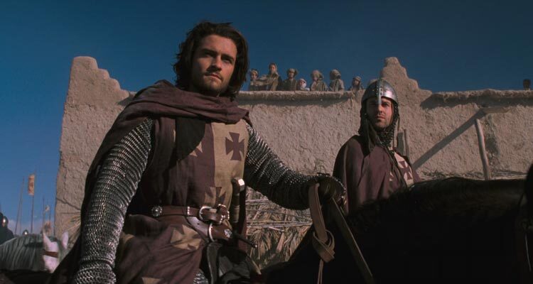 Kingdom of Heaven 2005 Movie Scene Orlando Bloom as Balian de Ibelin in full armor riding his horse outside Jerusalem