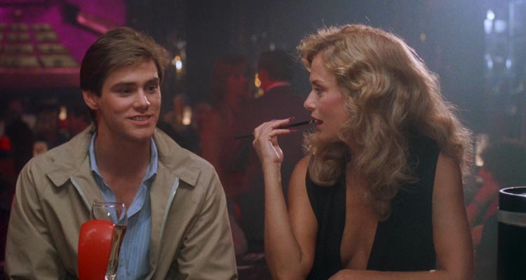 Once Bitten 1985 Movie Scene Jim Carrey as Mark Kendall in a bar talking to Lauren Hutton as Countess