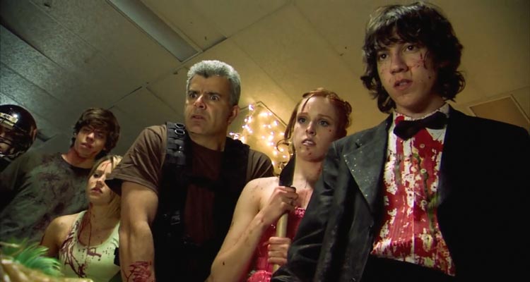 Dance of the Dead 2008 Movie Scene Jared Kusnitz as Jimmy, Greyson Chadwick as Lindsey, and Mark Oliver as Coach Keel realizing that prom is overrun with zombies