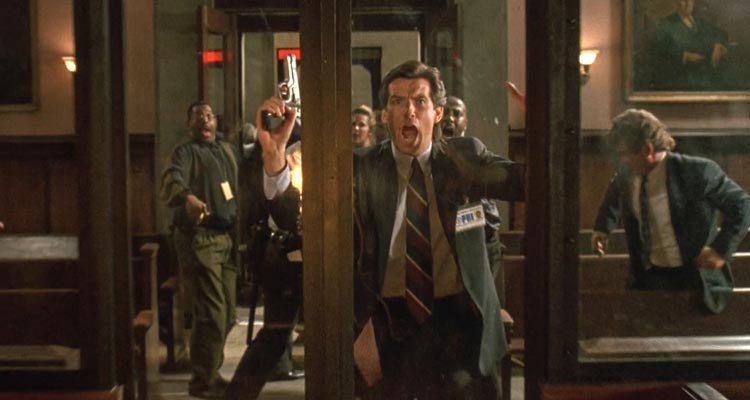 Live Wire 1992 Movie Scene Pierce Brosnan as Danny O'Neill banging on the glass door as the courtroom explodes