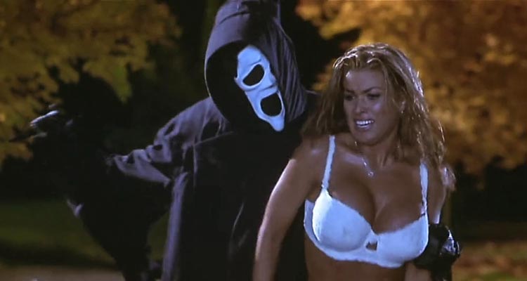 Scary Movie 2000 Scene Ghostface killer stabbing Carmen Electra as Drew after taking her clothes off and leaving her in white underwear
