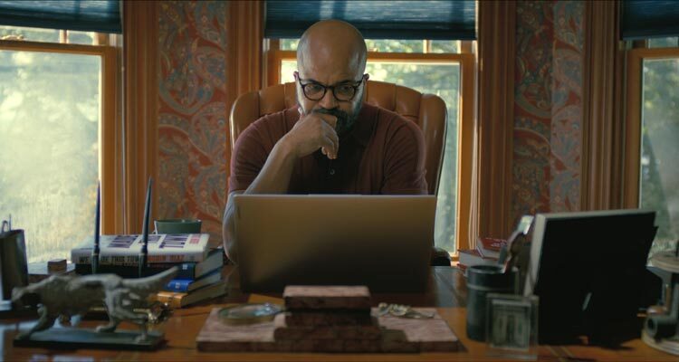 American Fiction 2023 Movie Scene Jeffrey Wright as Thelonious Monk Ellison writing his book My Pafology as a joke