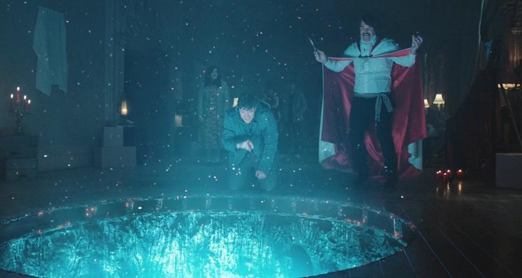 Extra Ordinary 2019 Movie Scene Will Forte as Christian Winter summoning the demon Astaroth and opening a portal to hell