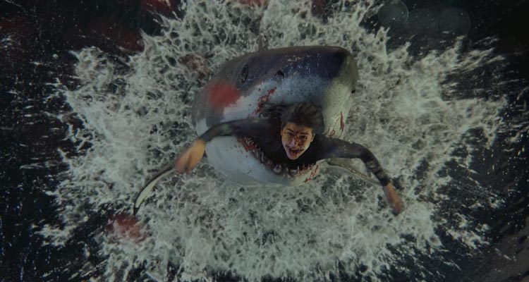 Under Paris AKA Sous la Seine 2024 Movie Scene Giant shark eating an environmentalist in the River Seine under Paris