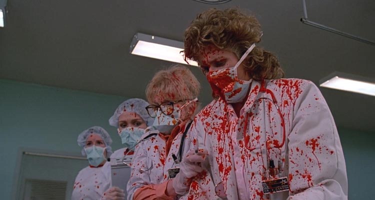 Blue Monkey 1987 Movie Scene Doctors covered in blood after a patient explodes in front of them