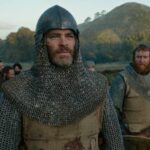 Outlaw King 2018 Movie Scene Chris Pine as Robert Bruce wearing his armor, shield and helmet about to enter the battle of Loudoun Hill