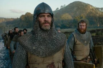 Outlaw King 2018 Movie Scene Chris Pine as Robert Bruce wearing his armor, shield and helmet about to enter the battle of Loudoun Hill