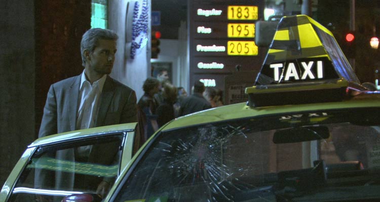 Collateral 2004 Movie Scene Tom Cruise as Vincent, the hitman, about to enter Max's taxi