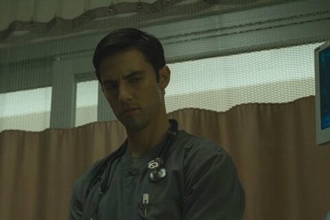 Pathology 2008 Movie Scene Milo Ventimiglia as Ted Grey wearing a stethoscope and about to kill his patient