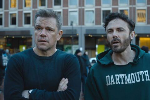 The Instigators 2024 Movie Scene Matt Damon as Rory and Casey Affleck as Cobby after the heist on the streets of Boston