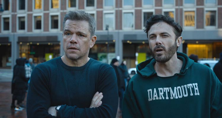 The Instigators 2024 Movie Scene Matt Damon as Rory and Casey Affleck as Cobby after the heist on the streets of Boston