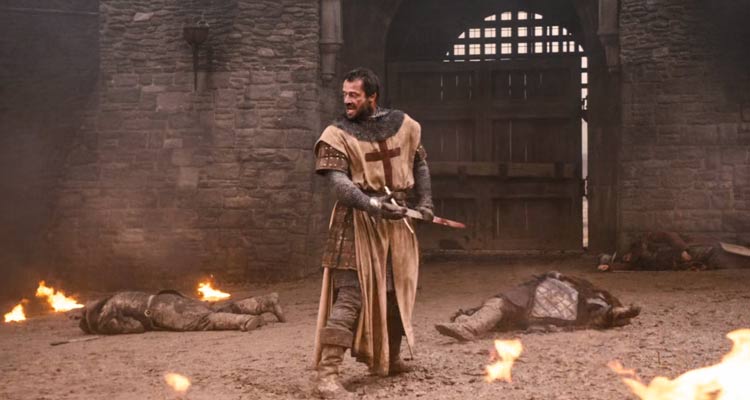 Ironclad 2011 Movie Scene James Purefoy as Templar Knight Thomas Marshal with a sword fighting in Rochester Castle