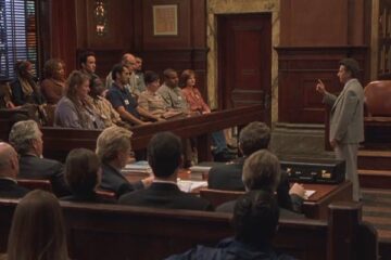 Runaway Jury 2003 Movie Scene Dustin Hoffman as Wendell Rohr explaining to the jury during the trial why the gun manufacturers are guilty