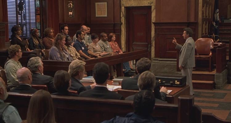 Runaway Jury 2003 Movie Scene Dustin Hoffman as Wendell Rohr explaining to the jury during the trial why the gun manufacturers are guilty