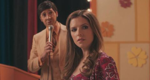 Woman of the Hour 2024 Movie Scene Anna Kendrick as Sheryl at the set of The Dating Game with Tony Hale as Ed