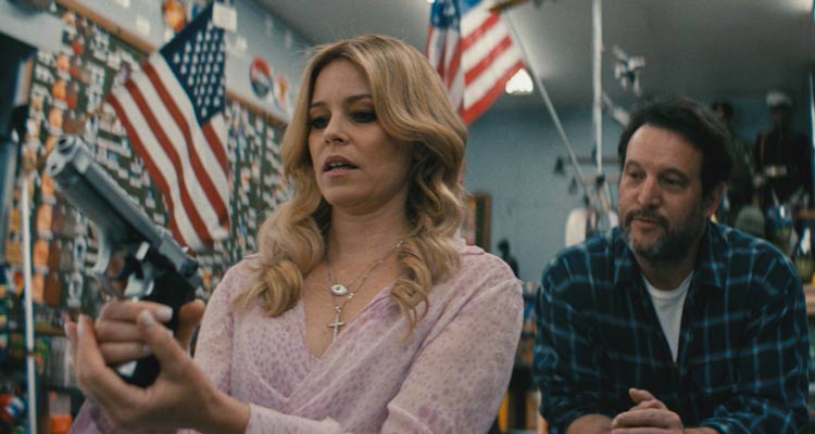 Skincare 2024 Movie Scene Elizabeth Banks as Hope holding a gun in a gun store