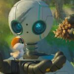 The Wild Robot 2024 Movie Scene Roz trying to feed the young gosling
