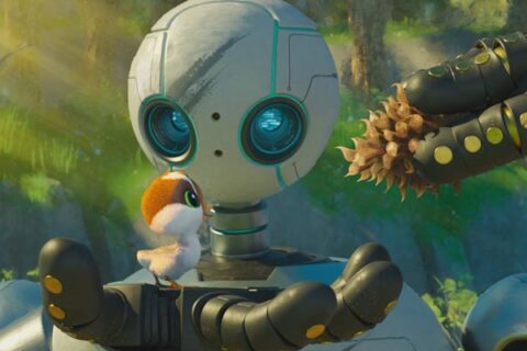 The Wild Robot 2024 Movie Scene Roz trying to feed the young gosling