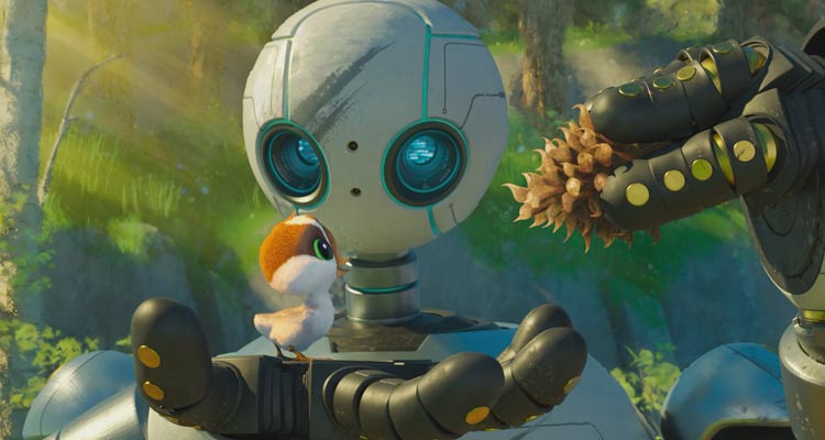 The Wild Robot 2024 Movie Scene Roz trying to feed the young gosling
