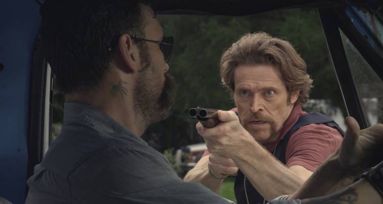 Bad Country 2014 Movie Scene Willem Dafoe as Bud Carter holding a double barrel shotgun pointed at Matt Dillon as Jesse Weiland