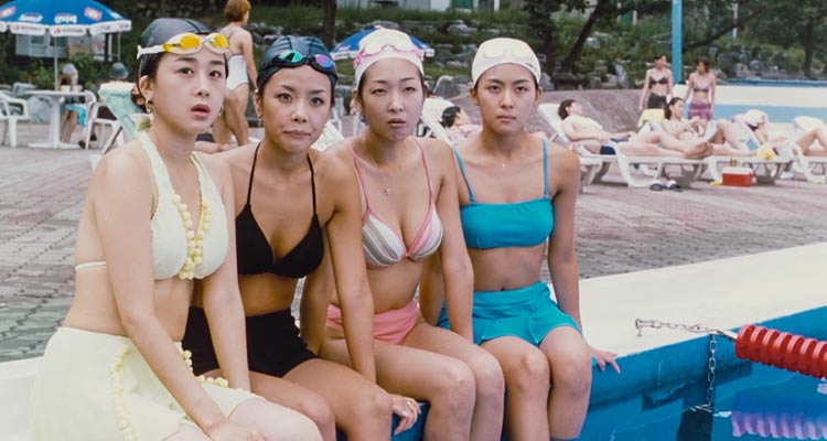 Sex is Zero 2002 Movie Scene Four South Korean female college students in swim suits at the outdoor pool