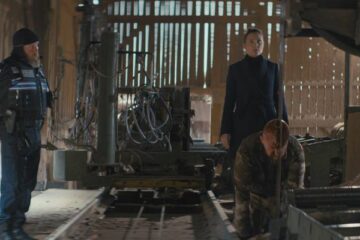 The Soul Eater 2024 Movie Scene Virginie Ledoyen as Elizabeth Guardiano at the crime scene in the saw mill