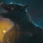 Werewolves 2024 Movie Scene A werewolf howling at the supermoon in rain during the final fight