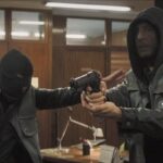 70 Big Ones 2018 Movie Scene Two masked gunmen holding hostages during a bank robbery