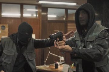 70 Big Ones 2018 Movie Scene Two masked gunmen holding hostages during a bank robbery