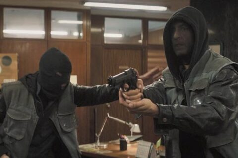 70 Big Ones 2018 Movie Scene Two masked gunmen holding hostages during a bank robbery