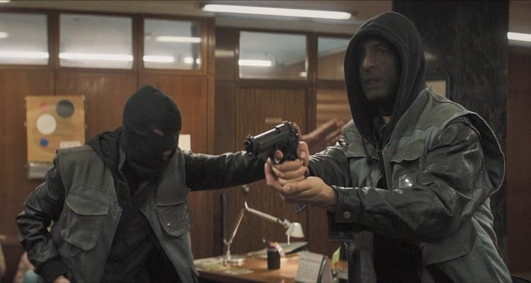 70 Big Ones 2018 Movie Scene Two masked gunmen holding hostages during a bank robbery