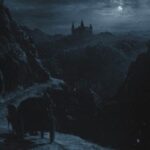 Nosferatu 2024 Movie Scene A carriage on the way through the mountains towards Count Orlok's Castle during the full moon