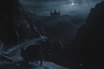 Nosferatu 2024 Movie Scene A carriage on the way through the mountains towards Count Orlok's Castle during the full moon