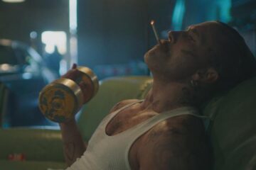 5lbs of Pressure 2024 Movie Scene James Oliver Wheatley as Sicky smoking and working out in the garage