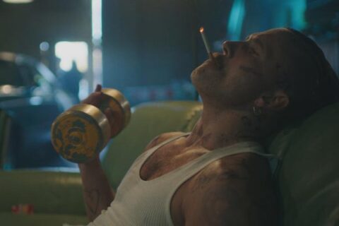 5lbs of Pressure 2024 Movie Scene James Oliver Wheatley as Sicky smoking and working out in the garage