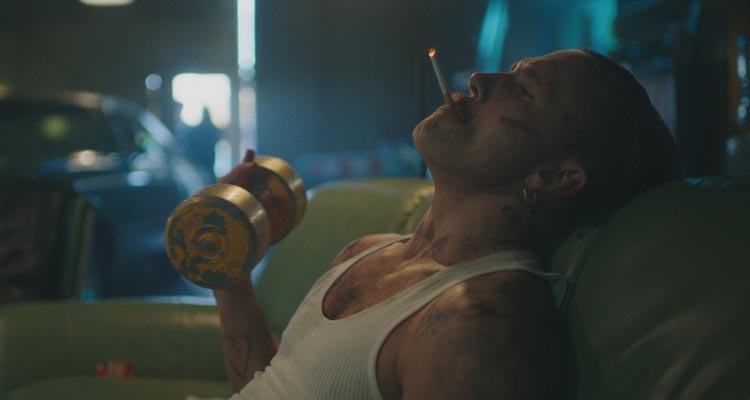 5lbs of Pressure 2024 Movie Scene James Oliver Wheatley as Sicky smoking and working out in the garage