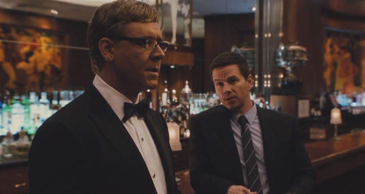 Broken City 2013 Movie Scene Russell Crowe as Mayor Nicholas Hostetler and Mark Wahlberg as Billy Taggart talking in the bar