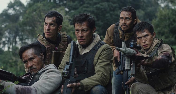 Contraataque AKA Counterstrike 2025 Movie Scene Luis Alberti as Armando, Noé Hernández as Josefo, Luis Curiel as Pollo, David Calderón León as Combo, Guillermo Nava as Toro members of the Murciélagos