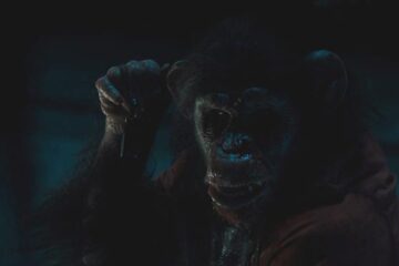 Primate 2025 Movie Scene Ben the killer monkey or chimpanzee holding the car keys in his hand